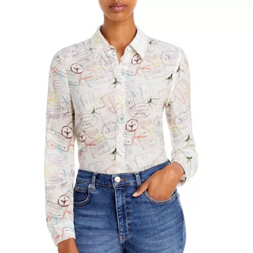 NWT Alice + Olivia Willa Travel Stamp Print Silk Long Sleeve Shirt - Sz S